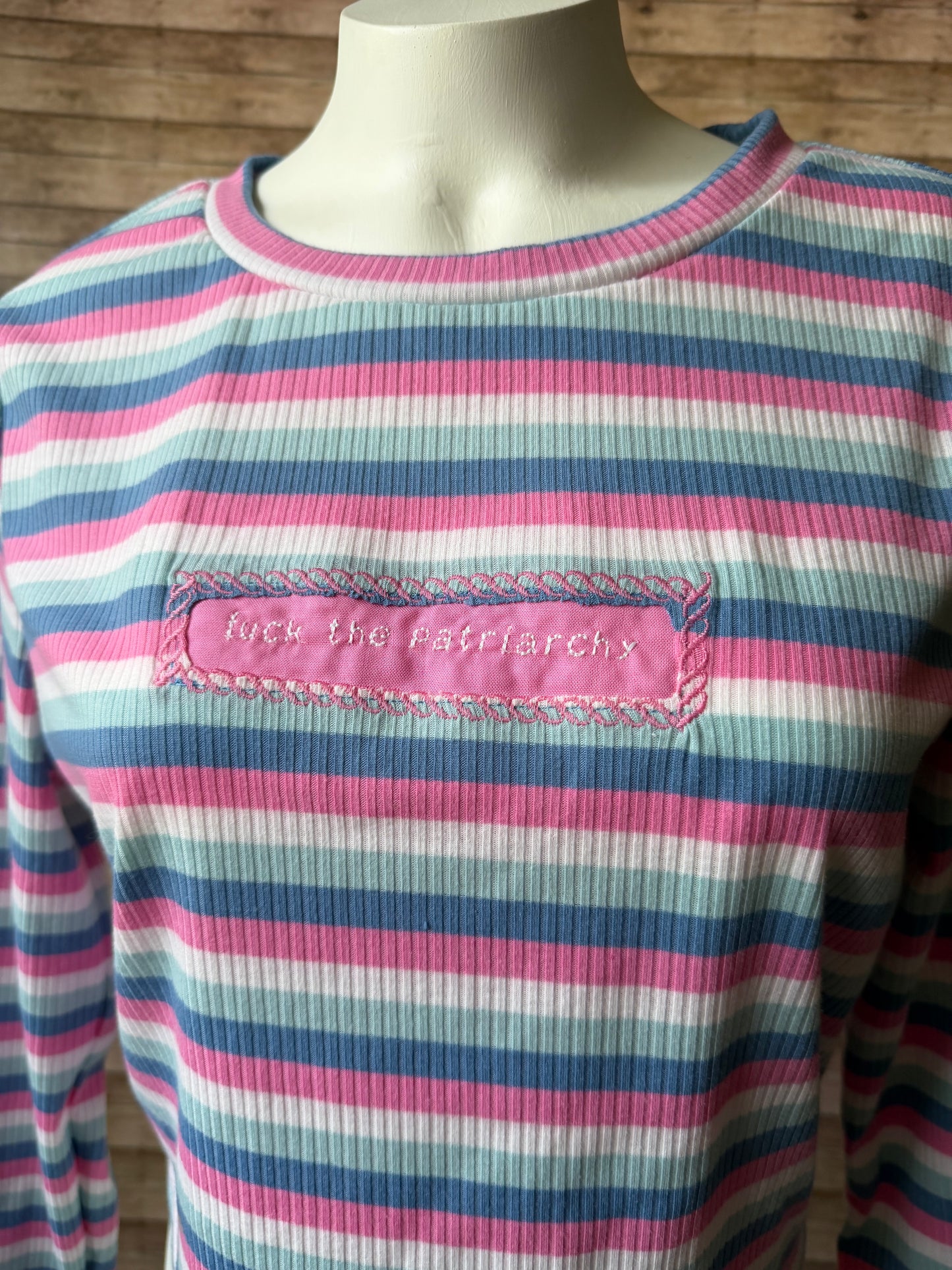 Fuck the Patriarchy Reclaimed Upcycled Crop Top Long Sleeve Striped Shirt Size L Womens