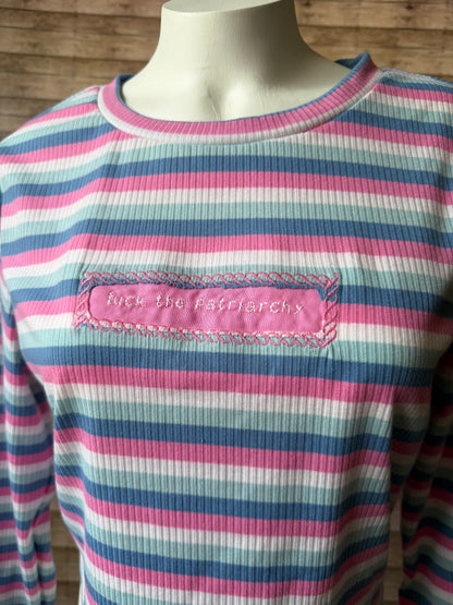 Fuck the Patriarchy Reclaimed Upcycled Crop Top Long Sleeve Striped Shirt Size L Womens