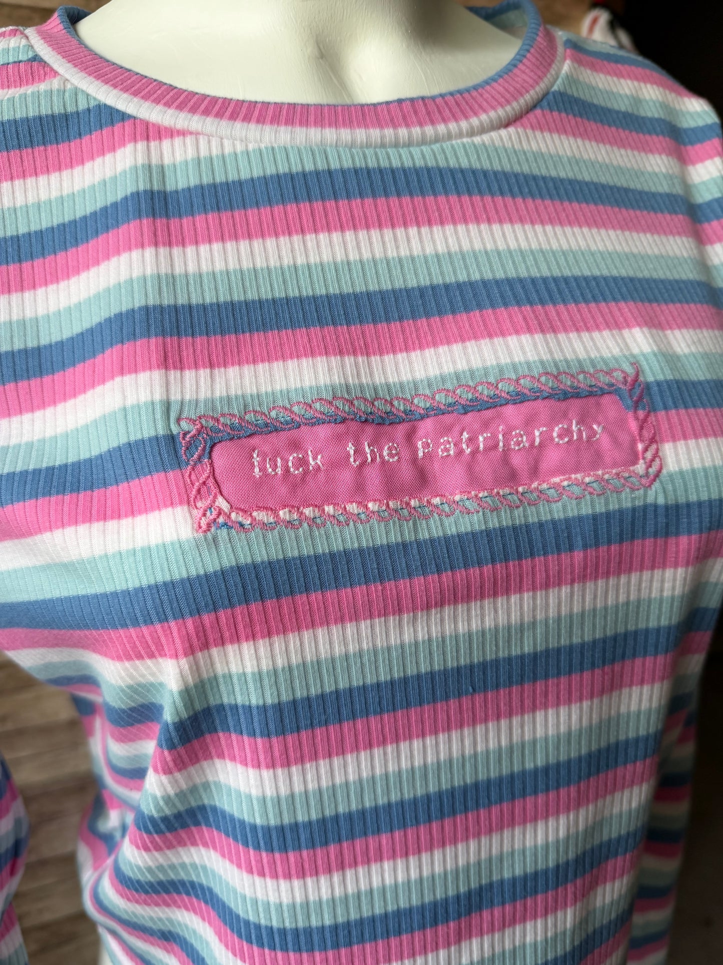 Fuck the Patriarchy Reclaimed Upcycled Crop Top Long Sleeve Striped Shirt Size L Womens