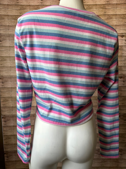 Fuck the Patriarchy Reclaimed Upcycled Crop Top Long Sleeve Striped Shirt Size L Womens