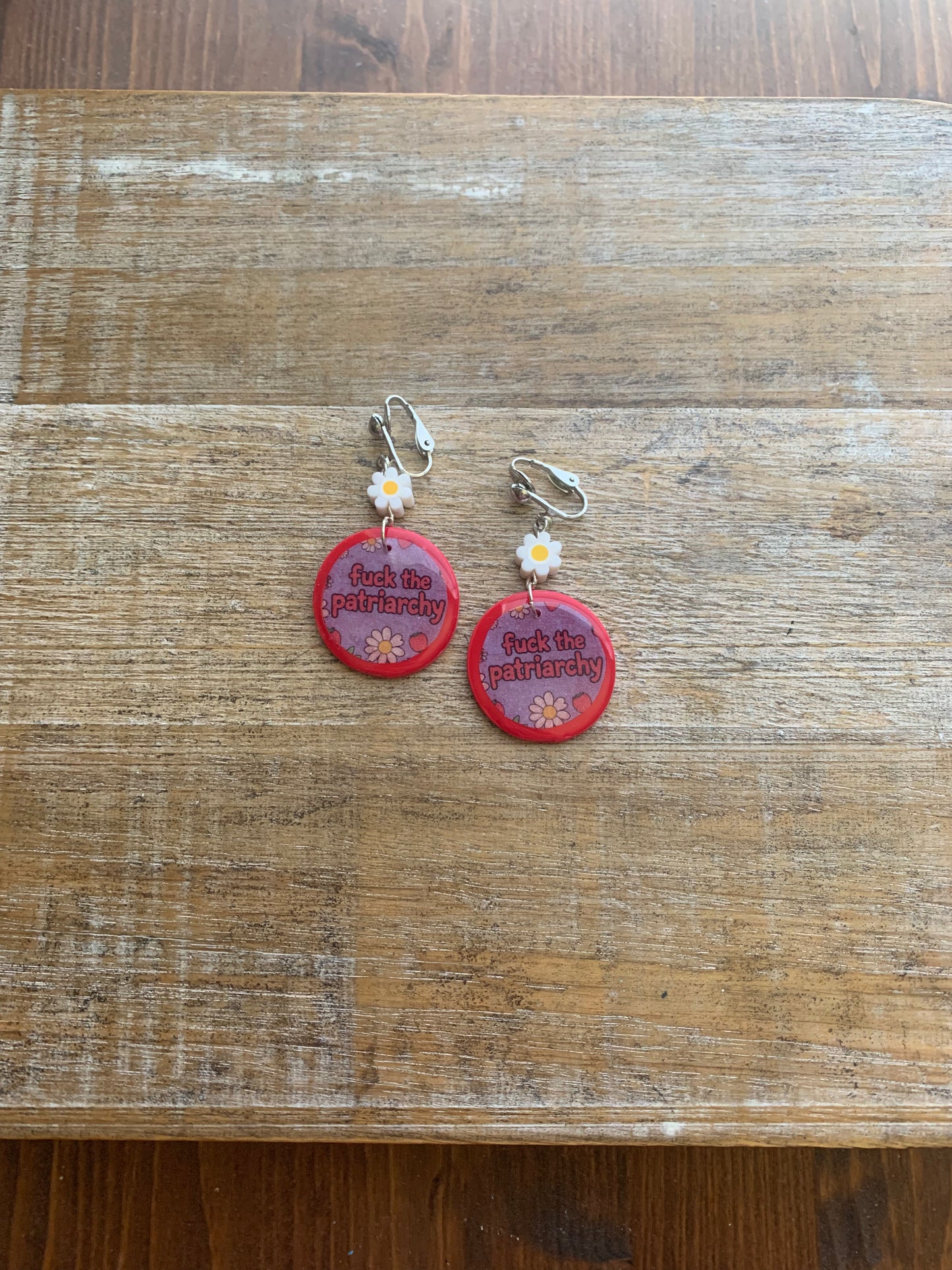 Fuck the Patriarchy Red Daisy Clip On Earrings Polymer Clay Tunnel Gauge Earrings