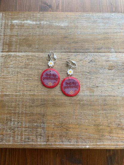 Fuck the Patriarchy Red Daisy Clip On Earrings Polymer Clay Tunnel Gauge Earrings