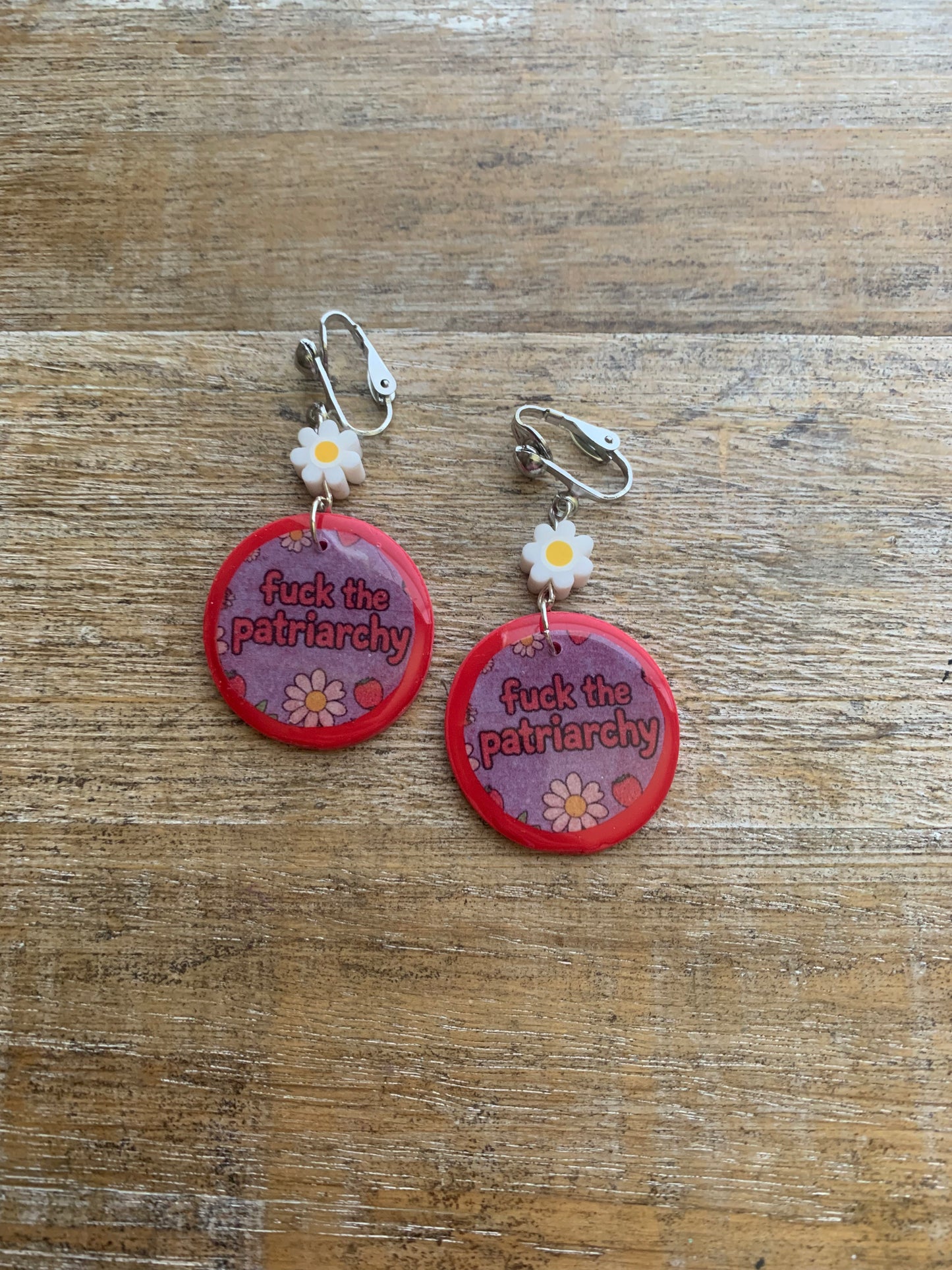 Fuck the Patriarchy Red Daisy Clip On Earrings Polymer Clay Tunnel Gauge Earrings