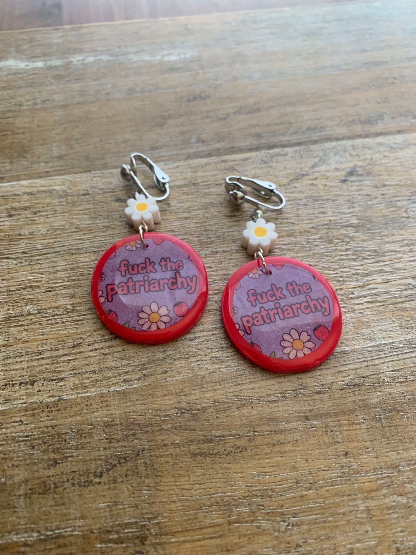Fuck the Patriarchy Red Daisy Clip On Earrings Polymer Clay Tunnel Gauge Earrings