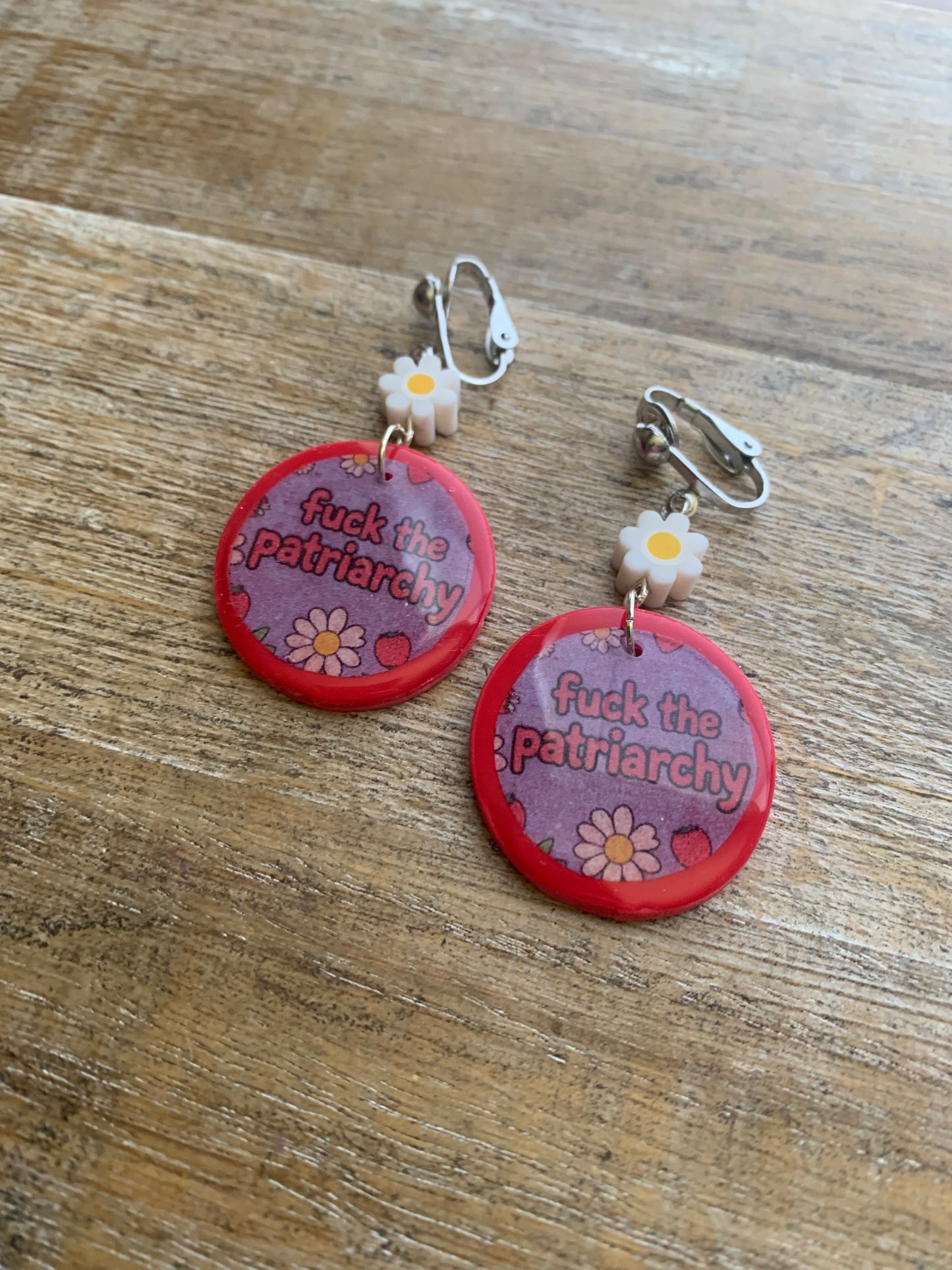 Fuck the Patriarchy Red Daisy Clip On Earrings Polymer Clay Tunnel Gauge Earrings