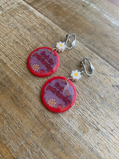 Fuck the Patriarchy Red Daisy Clip On Earrings Polymer Clay Tunnel Gauge Earrings