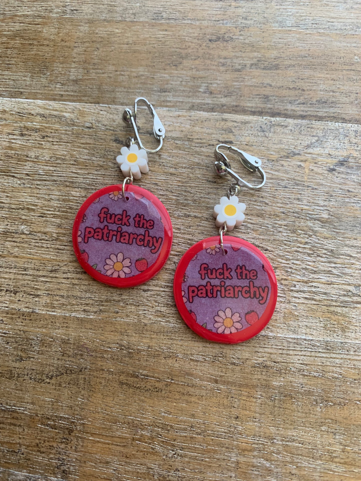 Fuck the Patriarchy Red Daisy Clip On Earrings Polymer Clay Tunnel Gauge Earrings