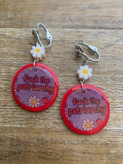 Fuck the Patriarchy Red Daisy Clip On Earrings Polymer Clay Tunnel Gauge Earrings