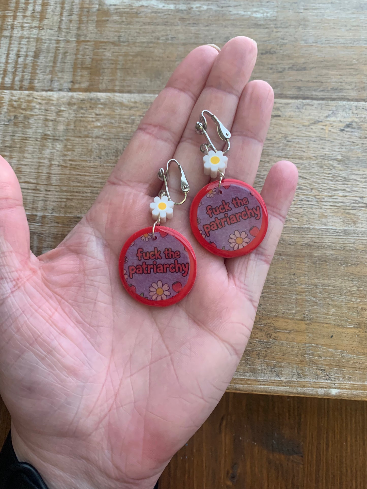 Fuck the Patriarchy Red Daisy Clip On Earrings Polymer Clay Tunnel Gauge Earrings