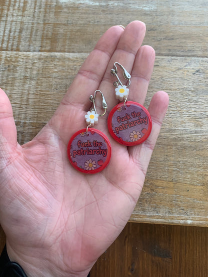 Fuck the Patriarchy Red Daisy Clip On Earrings Polymer Clay Tunnel Gauge Earrings