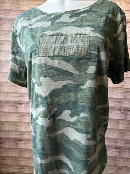 Fuck the Patriarchy Reclaimed Upcycled Camo Top Short Sleeve Green Shirt Size XL Womens