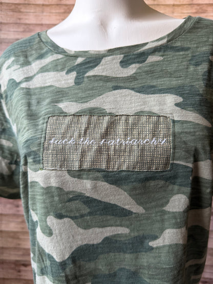 Fuck the Patriarchy Reclaimed Upcycled Camo Top Short Sleeve Green Shirt Size XL Womens