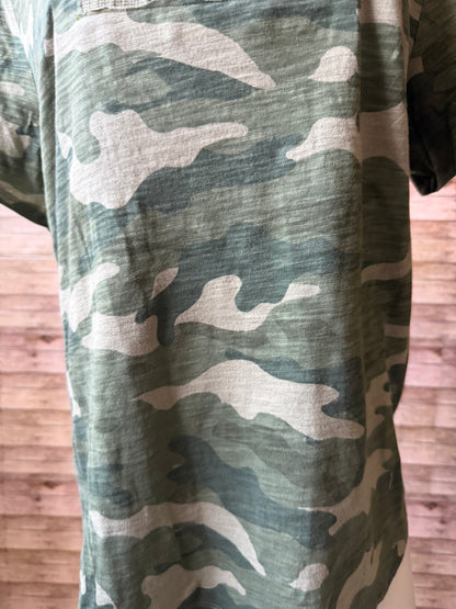 Fuck the Patriarchy Reclaimed Upcycled Camo Top Short Sleeve Green Shirt Size XL Womens