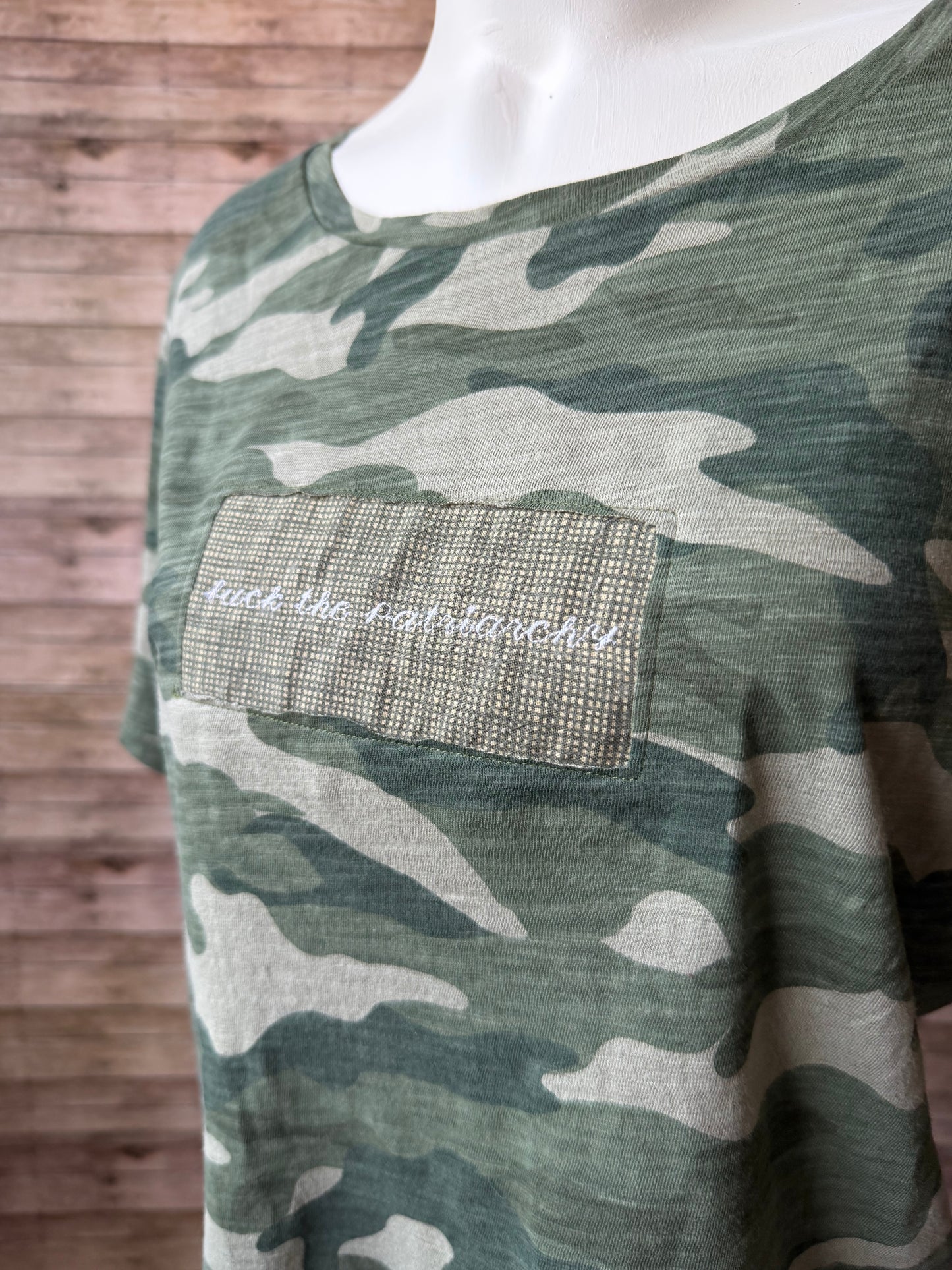 Fuck the Patriarchy Reclaimed Upcycled Camo Top Short Sleeve Green Shirt Size XL Womens