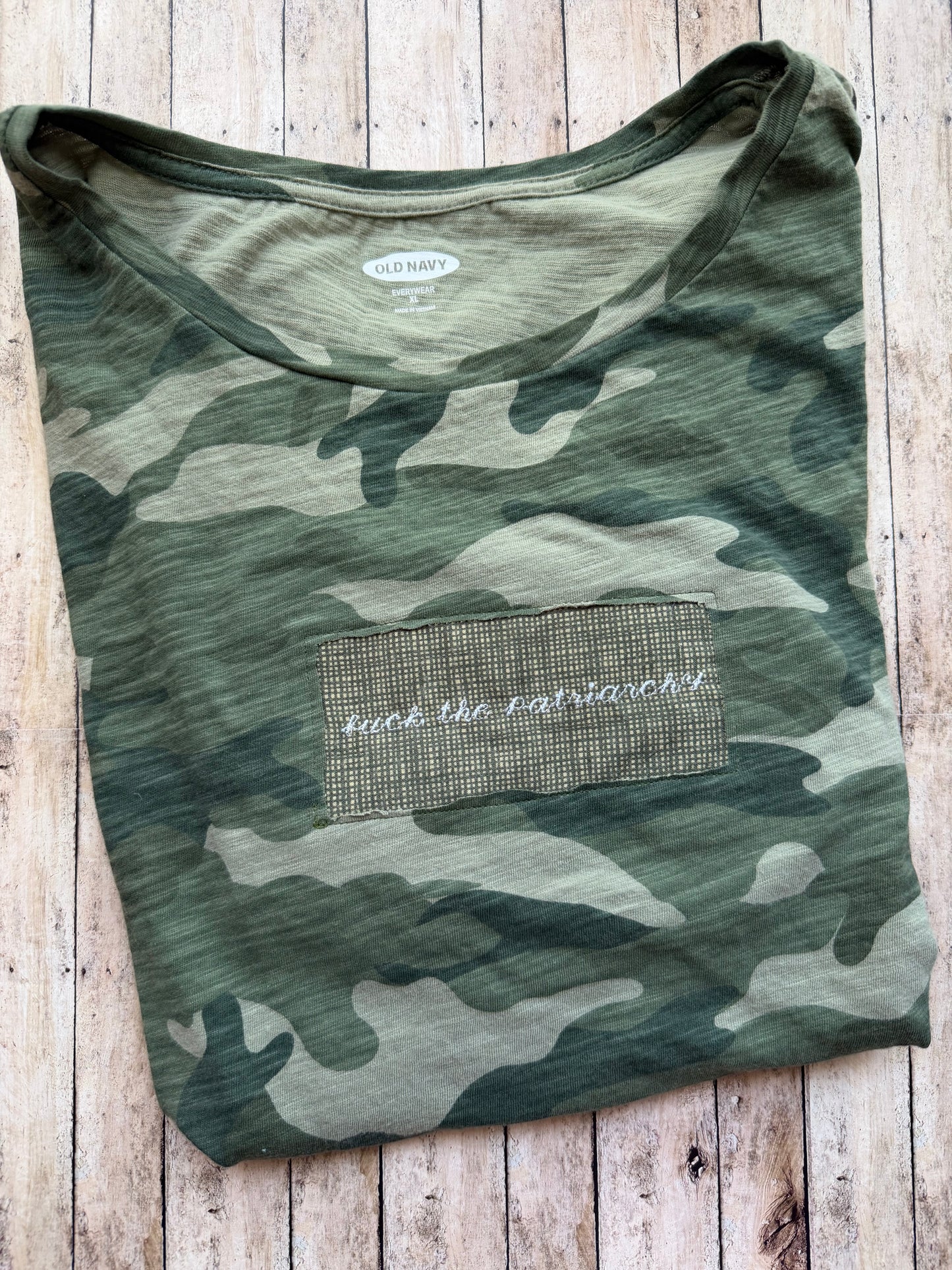 Fuck the Patriarchy Reclaimed Upcycled Camo Top Short Sleeve Green Shirt Size XL Womens