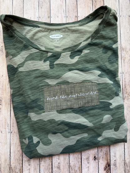 Fuck the Patriarchy Reclaimed Upcycled Camo Top Short Sleeve Green Shirt Size XL Womens