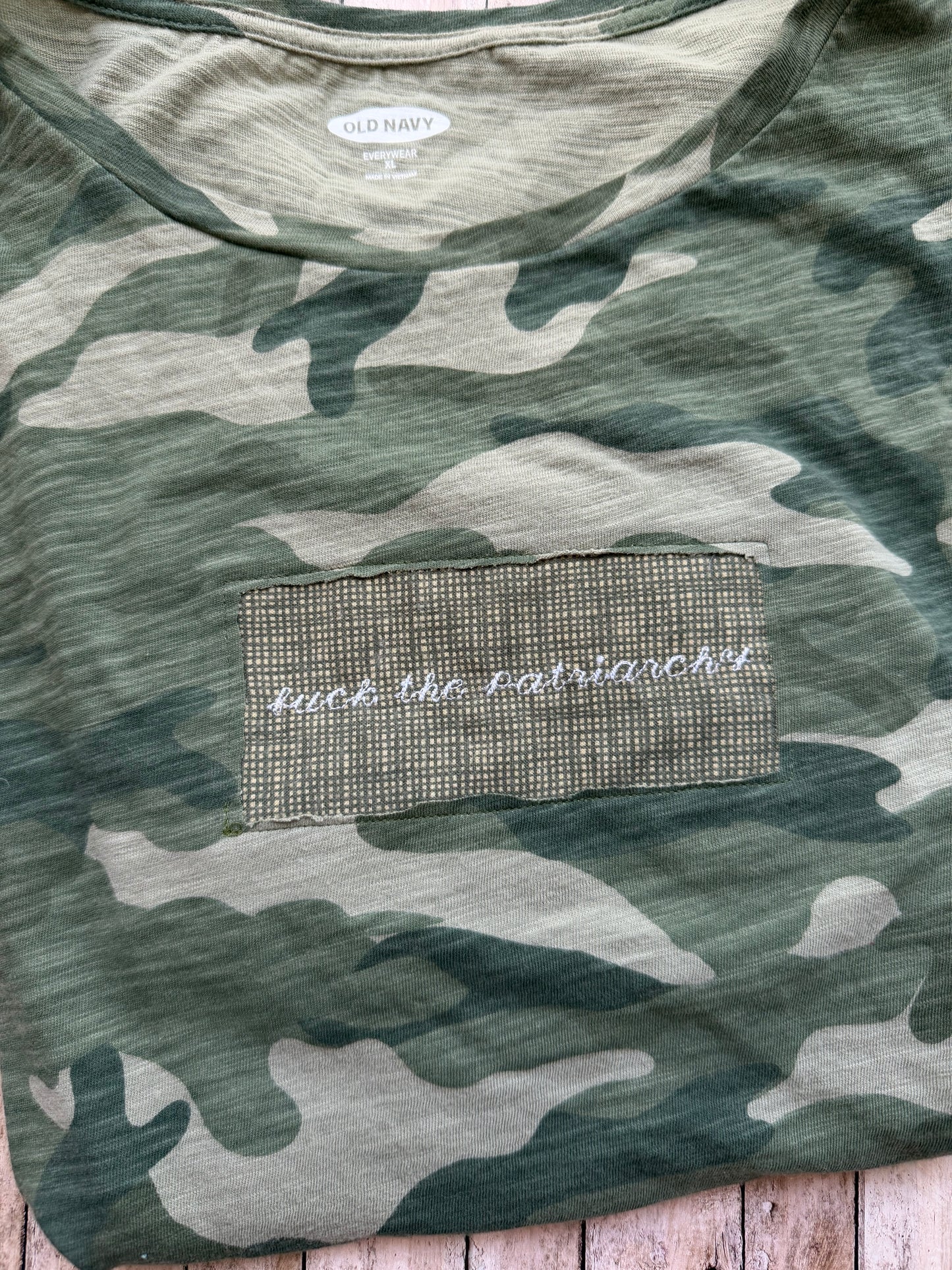 Fuck the Patriarchy Reclaimed Upcycled Camo Top Short Sleeve Green Shirt Size XL Womens