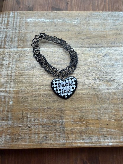 As-Is Fuck Ice Black Checkerboard Gothic Choker Tattoo Protest Heart Necklace