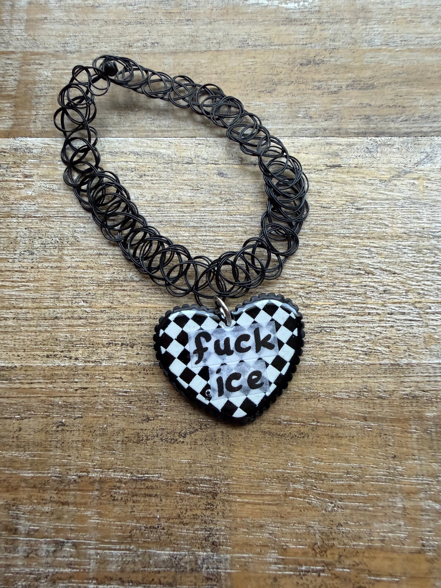 As-Is Fuck Ice Black Checkerboard Gothic Choker Tattoo Protest Heart Necklace