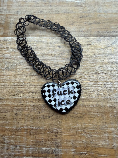 As-Is Fuck Ice Black Checkerboard Gothic Choker Tattoo Protest Heart Necklace