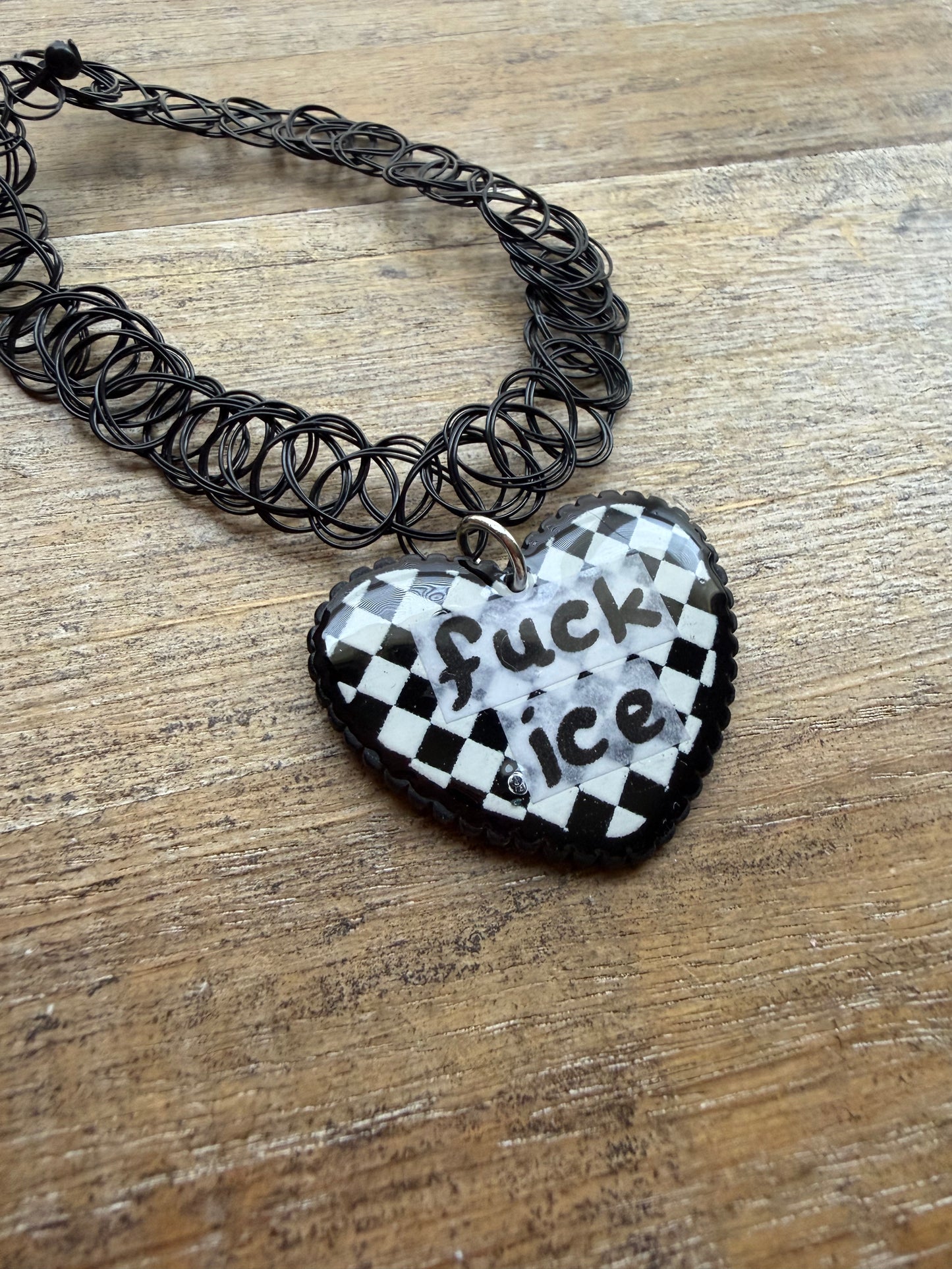 As-Is Fuck Ice Black Checkerboard Gothic Choker Tattoo Protest Heart Necklace