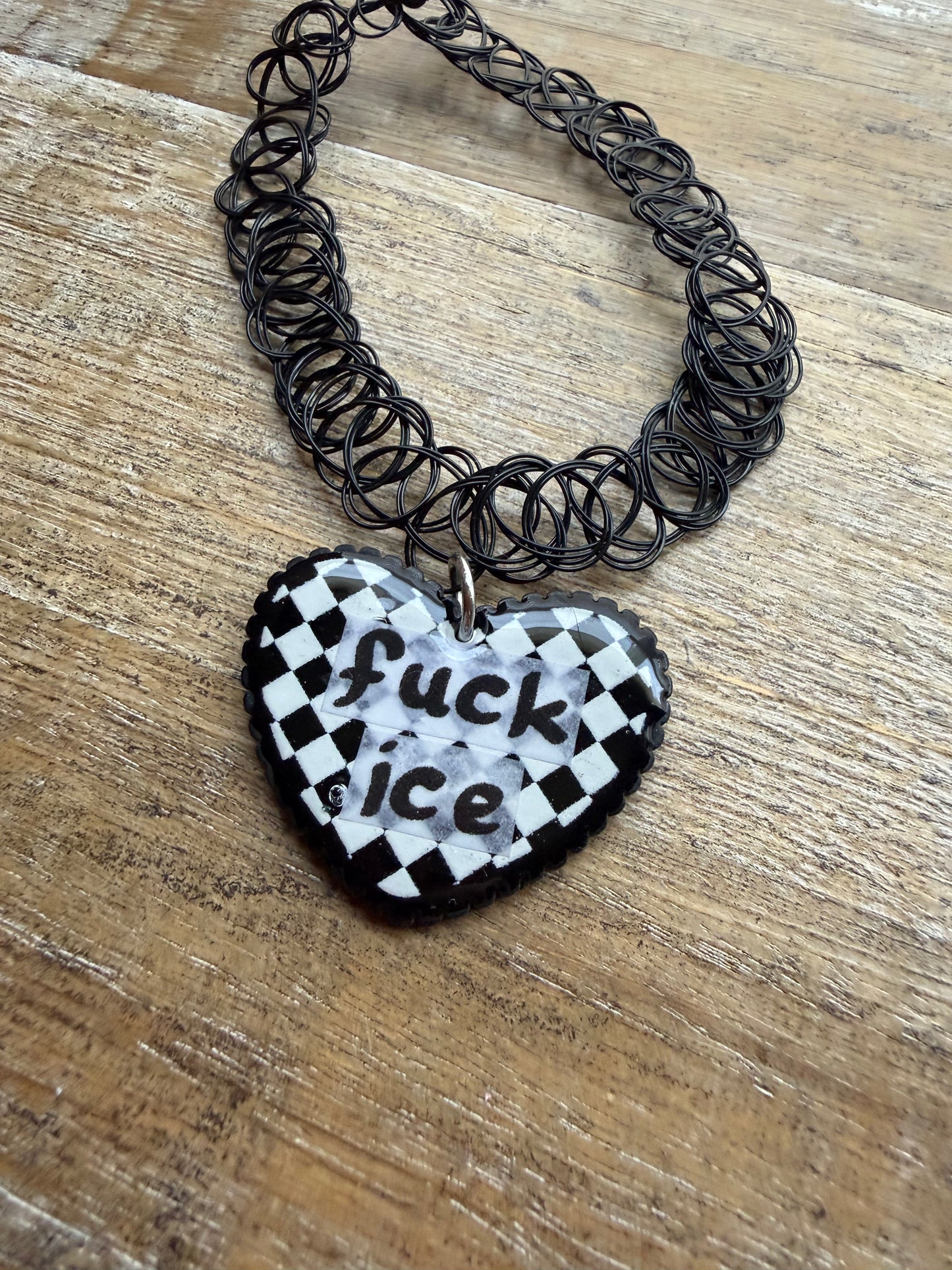 As-Is Fuck Ice Black Checkerboard Gothic Choker Tattoo Protest Heart Necklace