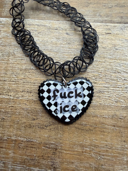 As-Is Fuck Ice Black Checkerboard Gothic Choker Tattoo Protest Heart Necklace