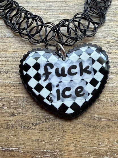 As-Is Fuck Ice Black Checkerboard Gothic Choker Tattoo Protest Heart Necklace