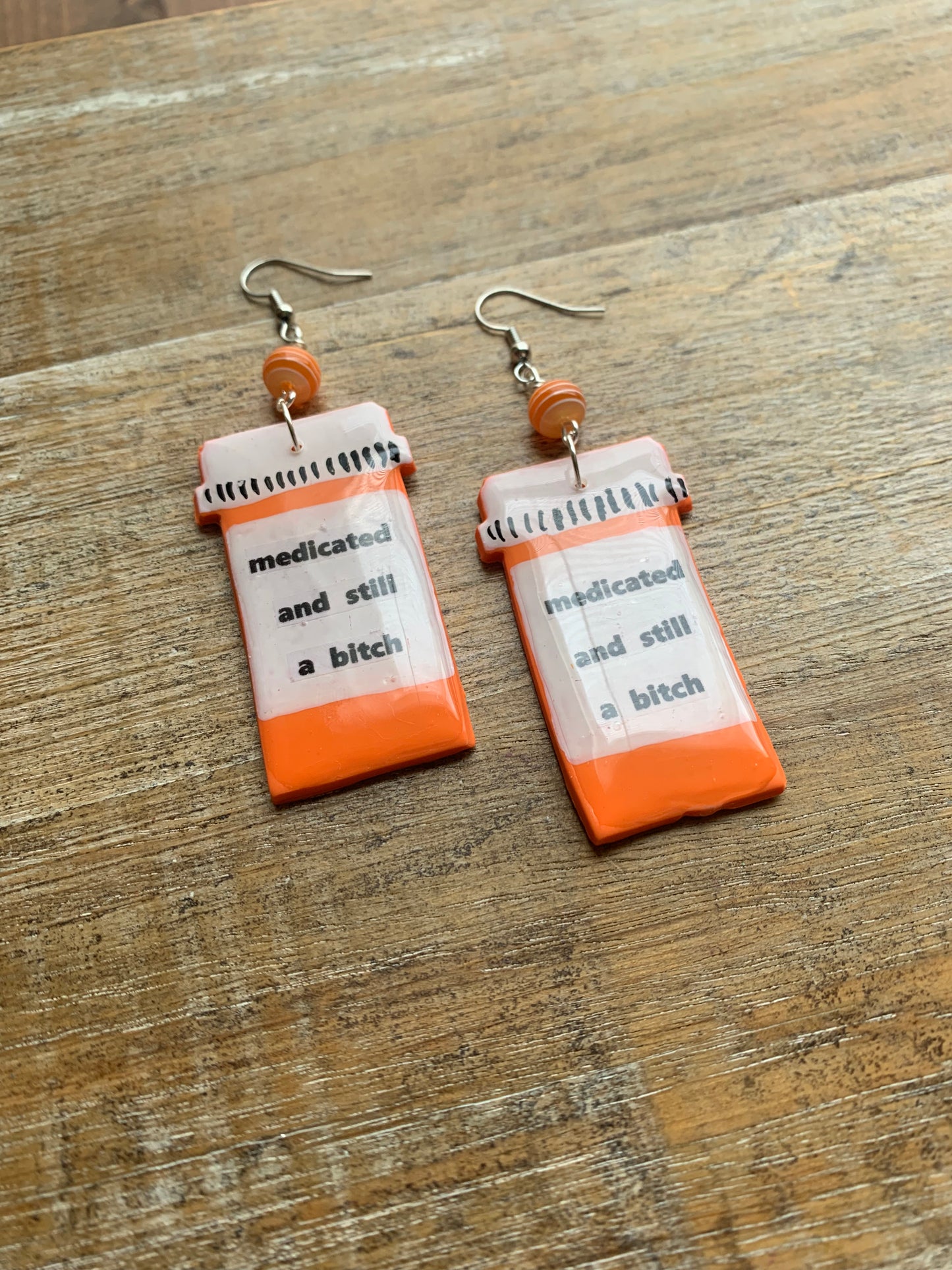 Medicated & Still A Bitch Rx Pill Bottle Polymer Clay Earrings Clip On Tunnel Gauge Earrings
