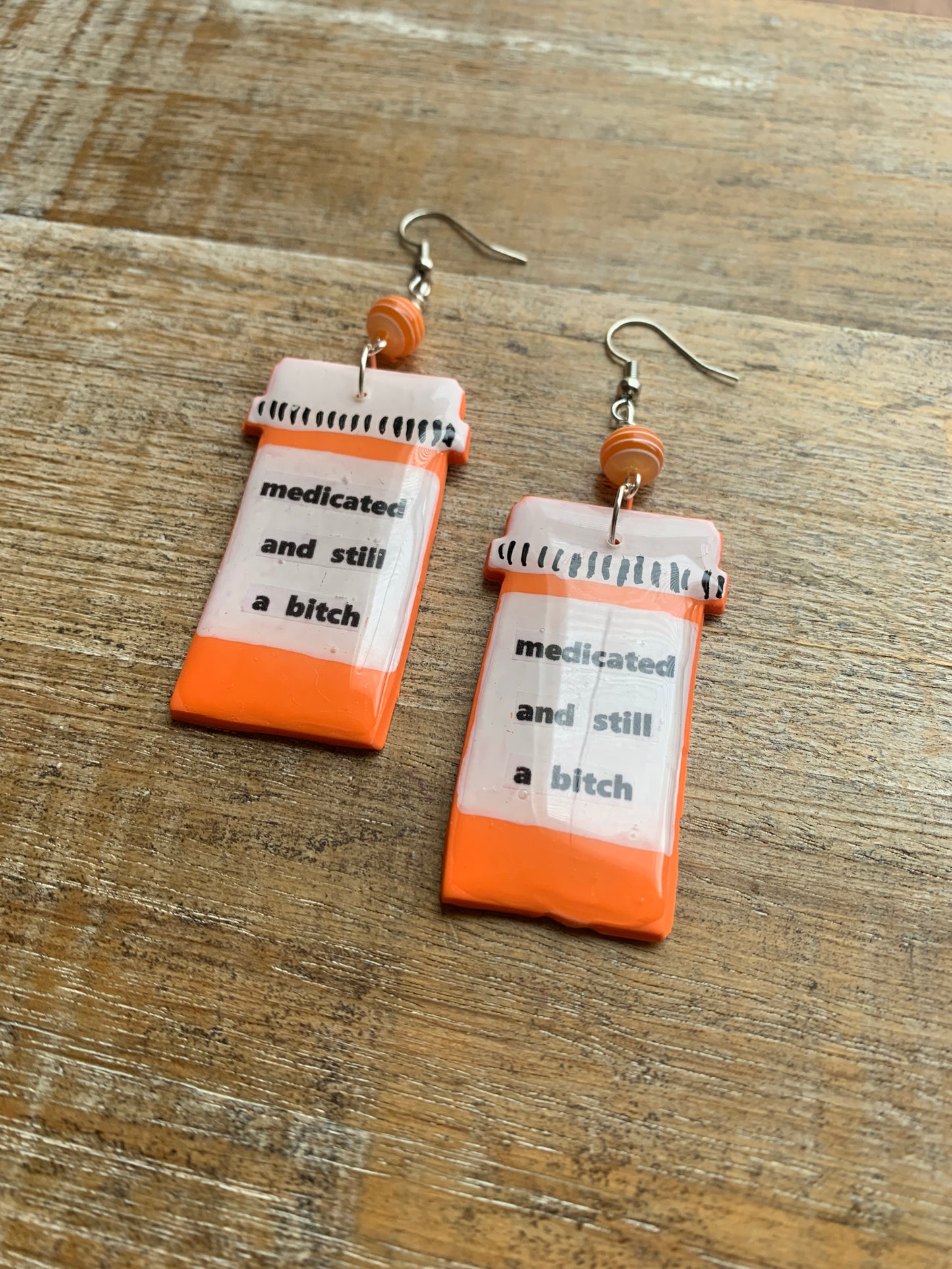 Medicated & Still A Bitch Rx Pill Bottle Polymer Clay Earrings Clip On Tunnel Gauge Earrings