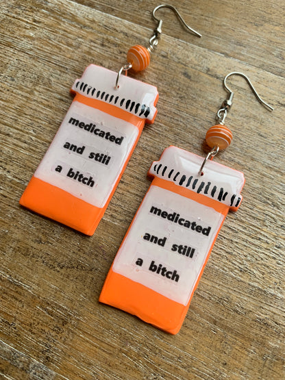 Medicated & Still A Bitch Rx Pill Bottle Polymer Clay Earrings Clip On Tunnel Gauge Earrings