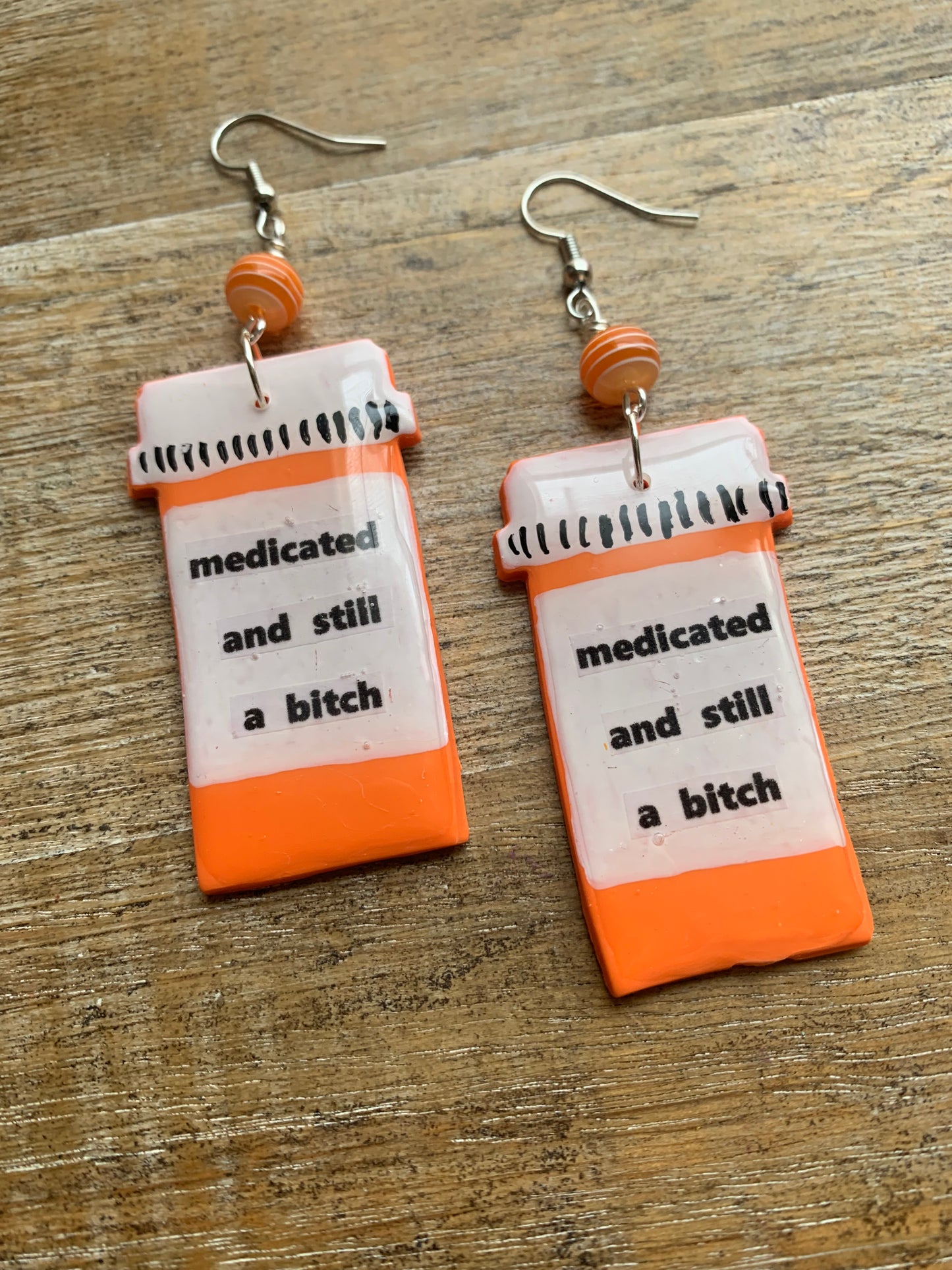 Medicated & Still A Bitch Rx Pill Bottle Polymer Clay Earrings Clip On Tunnel Gauge Earrings