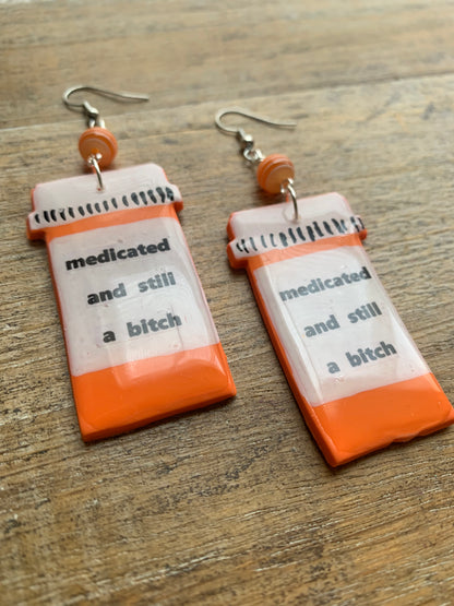 Medicated & Still A Bitch Rx Pill Bottle Polymer Clay Earrings Clip On Tunnel Gauge Earrings