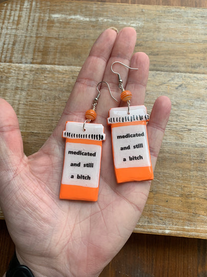 Medicated & Still A Bitch Rx Pill Bottle Polymer Clay Earrings Clip On Tunnel Gauge Earrings