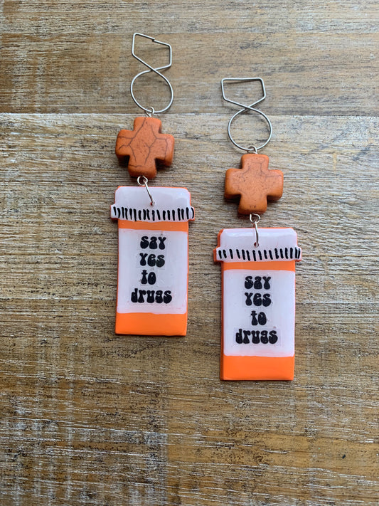 Say Yes to Drugs Tunnel Gauge Earrings Funny Polymer Clay Clip On Earrings