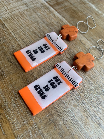 Say Yes to Drugs Tunnel Gauge Earrings Funny Polymer Clay Clip On Earrings