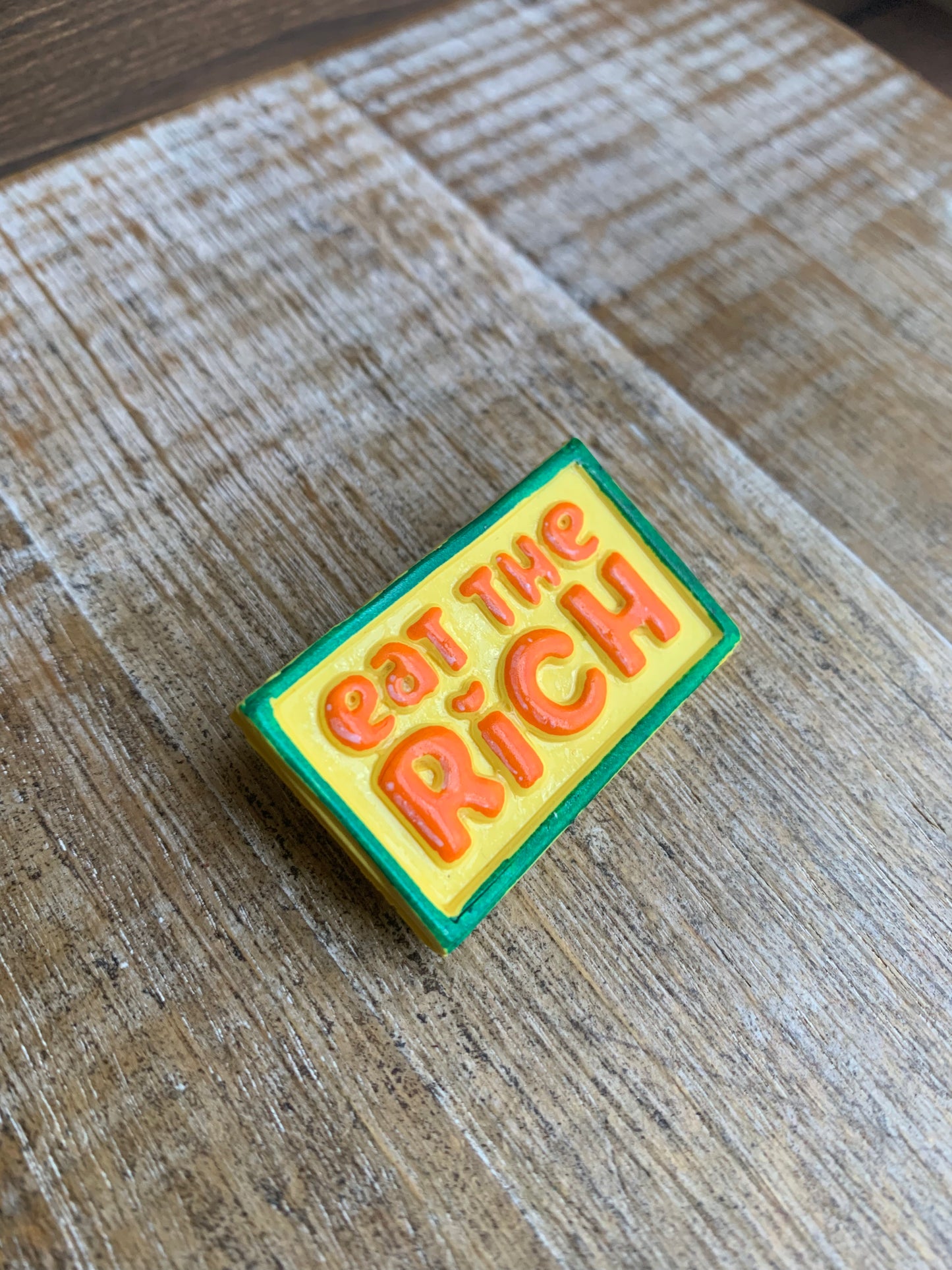 Eat the Rich Yellow Polymer Clay Liberal Protest Pin Painted Brooch