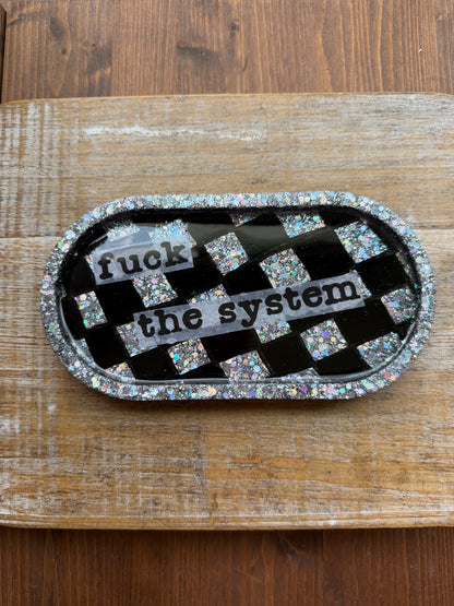 Fuck The System Black Checkered Glitter Resin Jewelry Tray Desk Shelf Decor