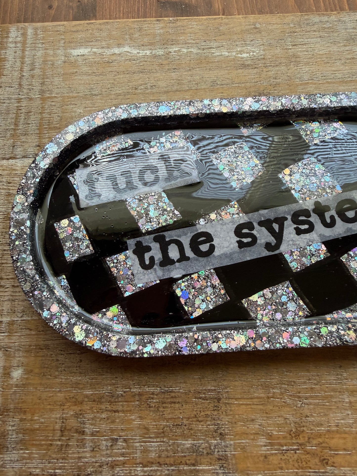 Fuck The System Black Checkered Glitter Resin Jewelry Tray Desk Shelf Decor