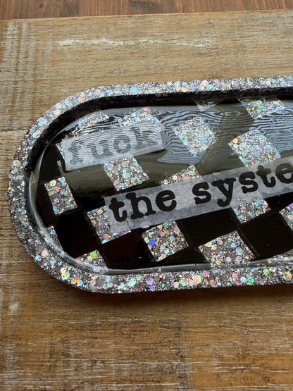 Fuck The System Black Checkered Glitter Resin Jewelry Tray Desk Shelf Decor