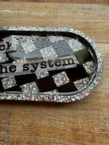 Fuck The System Black Checkered Glitter Resin Jewelry Tray Desk Shelf Decor