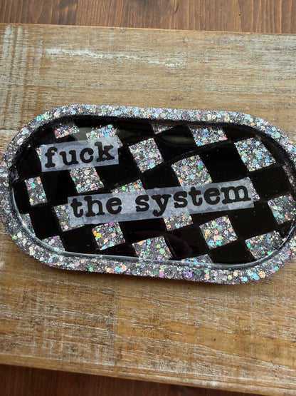 Fuck The System Black Checkered Glitter Resin Jewelry Tray Desk Shelf Decor