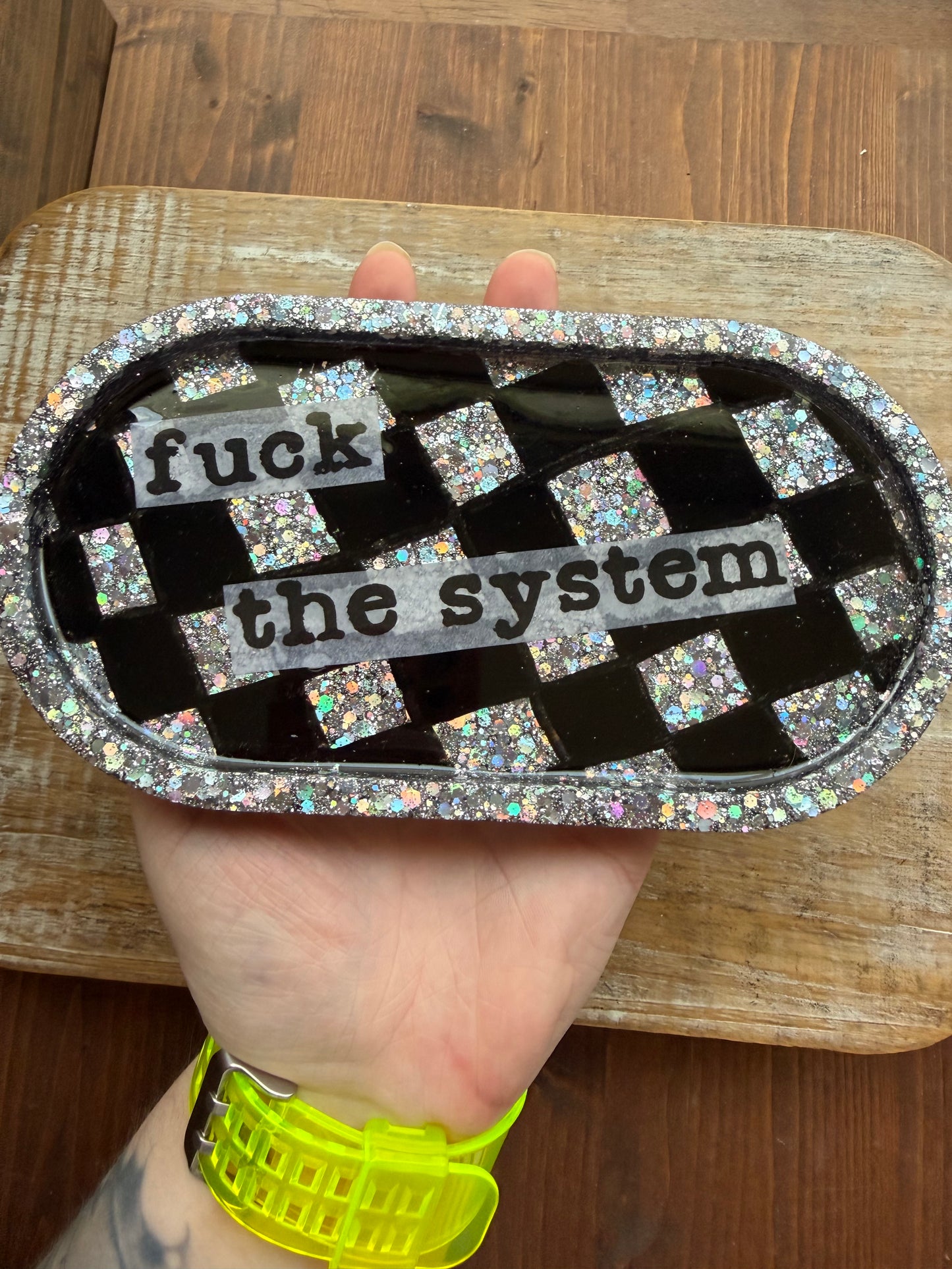 Fuck The System Black Checkered Glitter Resin Jewelry Tray Desk Shelf Decor