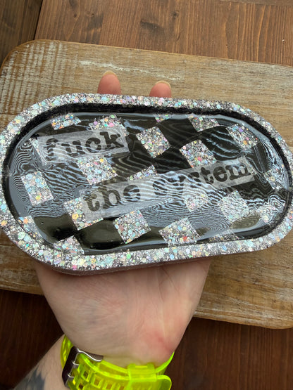 Fuck The System Black Checkered Glitter Resin Jewelry Tray Desk Shelf Decor