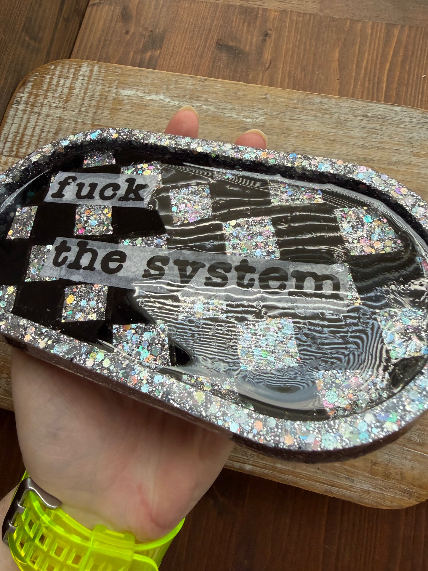 Fuck The System Black Checkered Glitter Resin Jewelry Tray Desk Shelf Decor