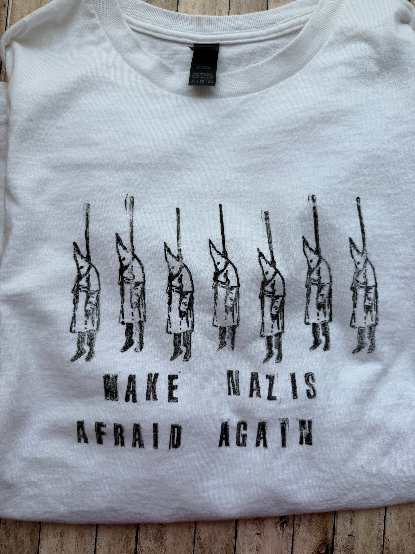 Make Nazis Afraid Again Reclaimed Upcycled Top Short Sleeve White Shirt Size XL