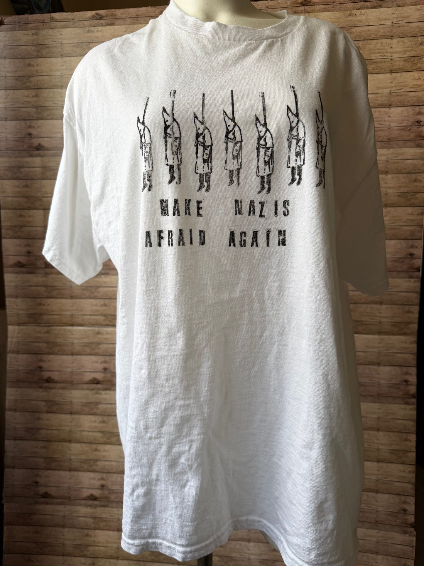 Make Nazis Afraid Again Reclaimed Upcycled Top Short Sleeve White Shirt Size XL