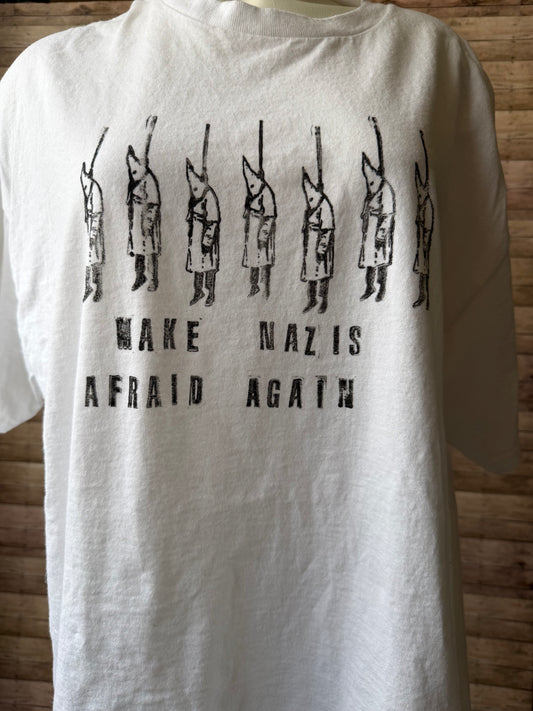 Make Nazis Afraid Again Reclaimed Upcycled Top Short Sleeve White Shirt Size XL