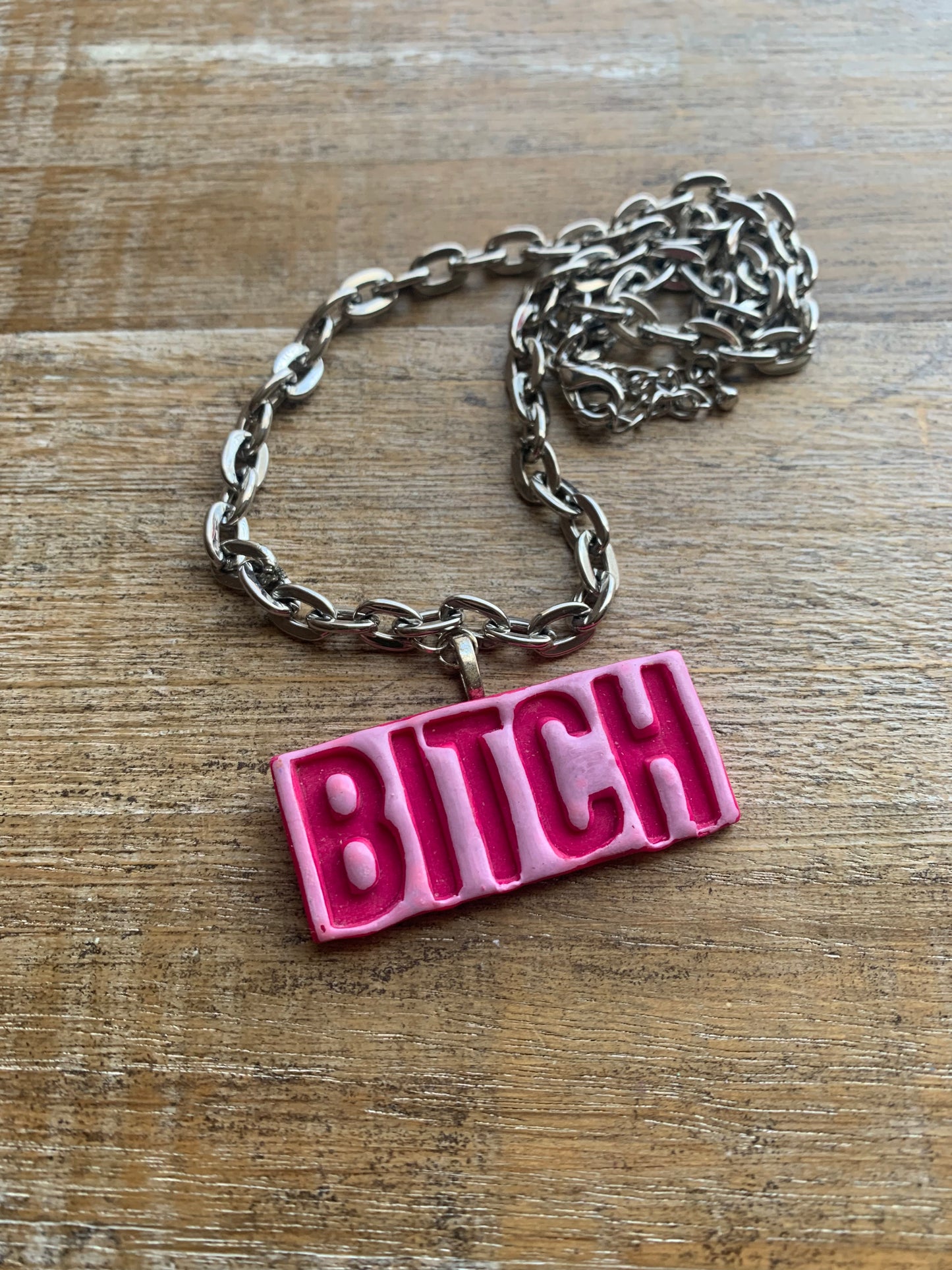 Bitch Name-tag Polymer Clay Necklace Painted Pink Silver Tone Necklace
