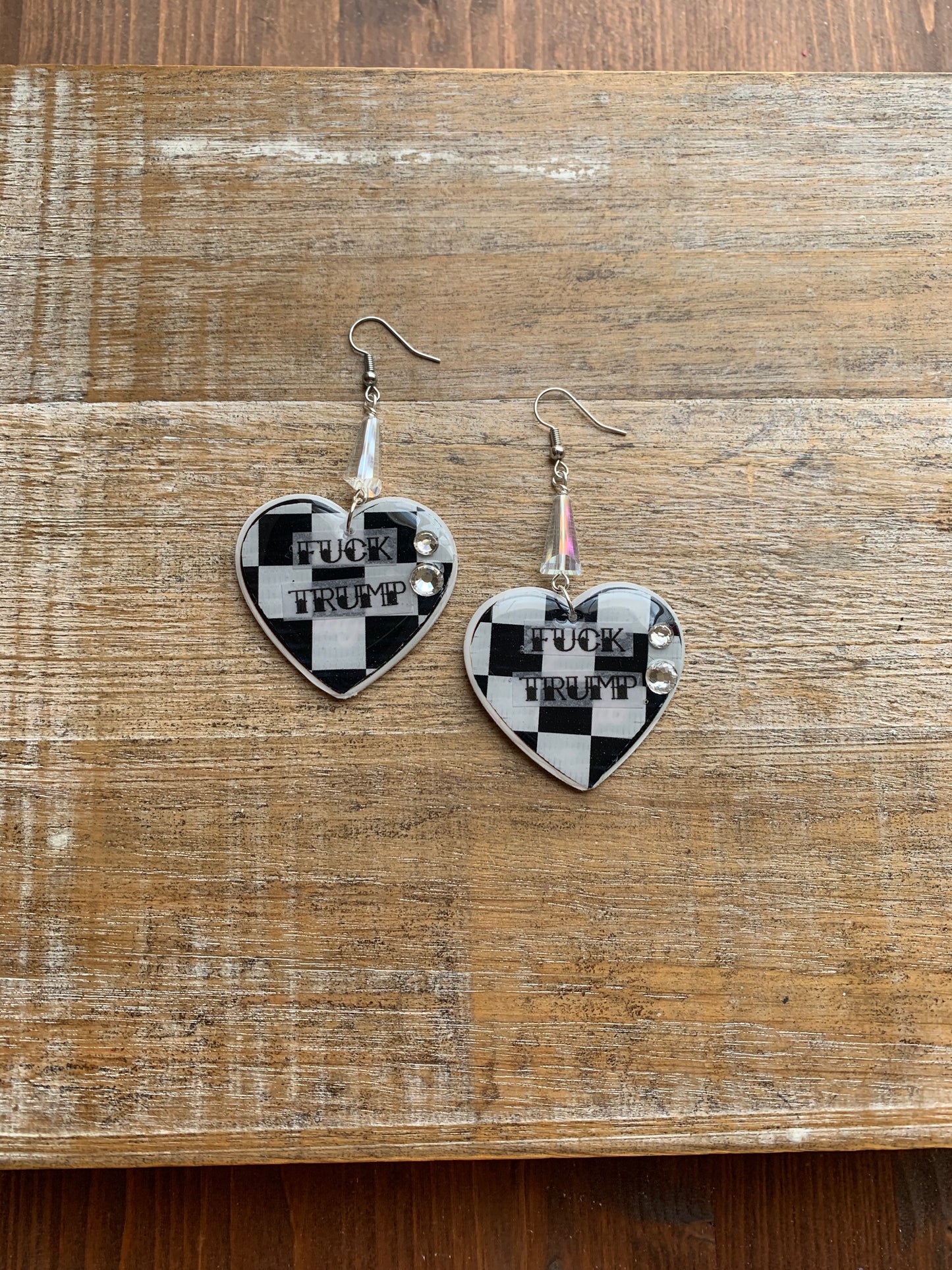 Fuck Trump Punk Checkered Rhinestone Earrings Clip On Earrings Ear Hangers
